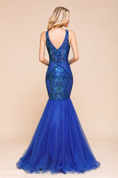 Stylish V-Neck Sparkly Sequined Mermaid Prom Dress Sleeveless Floor Length Ruffy Evening Gown