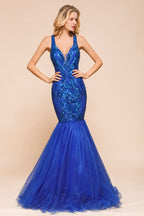 Elegante vestido de fiesta de sirena con escote en V, lentejuelas brillantes, sin mangas, largo hasta el suelo, vestido de noche fruncido