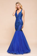 Elegante vestido de fiesta de sirena con escote en V, lentejuelas brillantes, sin mangas, largo hasta el suelo, vestido de noche fruncido