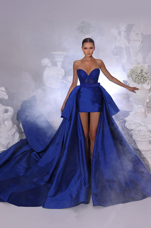 Sweetheart A-line Short Lace Sleeveless Prom Dress With Detachable Train