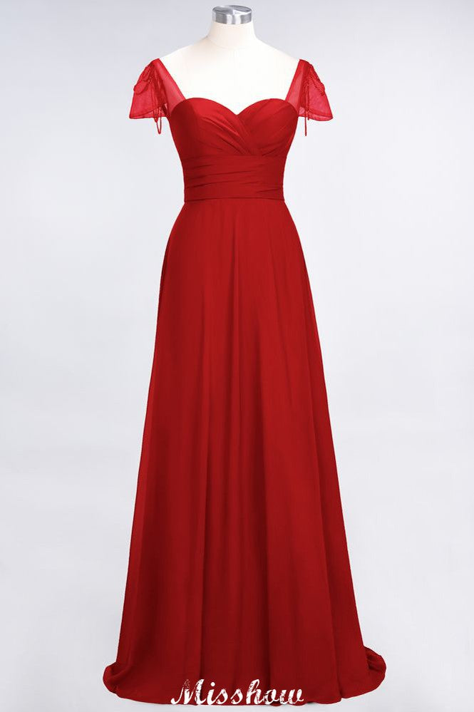 Vestido de dama de honor con escote corazón, mangas cortas, volantes y largo hasta el suelo con abalorios, Moher si los vestidos de novia