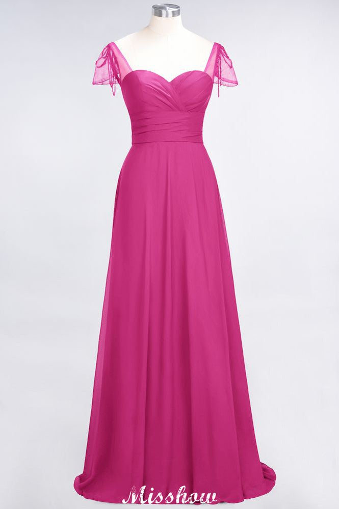Vestido de dama de honor con escote corazón, mangas cortas, volantes y largo hasta el suelo con abalorios, Moher si los vestidos de novia