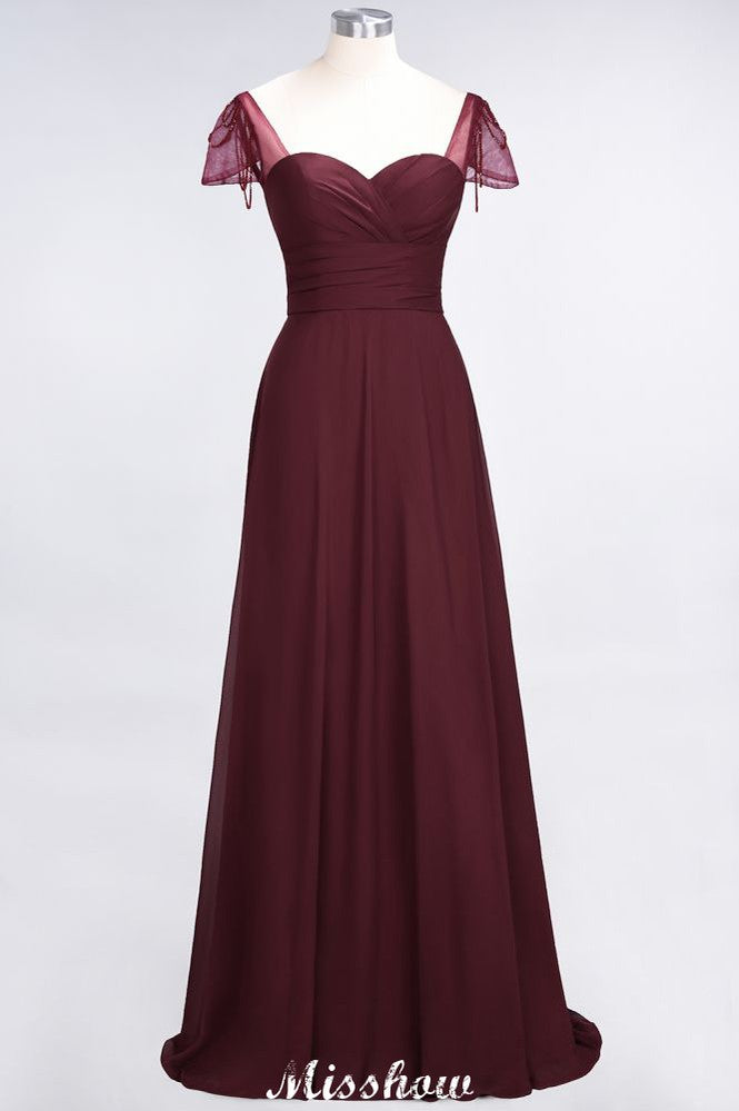 Vestido de dama de honor con escote corazón, mangas cortas, volantes y largo hasta el suelo con abalorios, Moher si los vestidos de novia