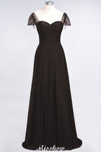 Vestido de dama de honor con escote corazón, mangas cortas, volantes y largo hasta el suelo con abalorios, Moher si los vestidos de novia