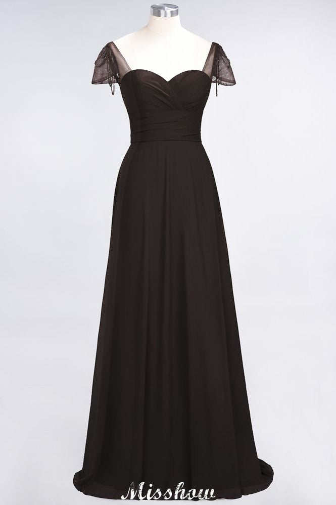 Vestido de dama de honor con escote corazón, mangas cortas, volantes y largo hasta el suelo con abalorios, Moher si los vestidos de novia