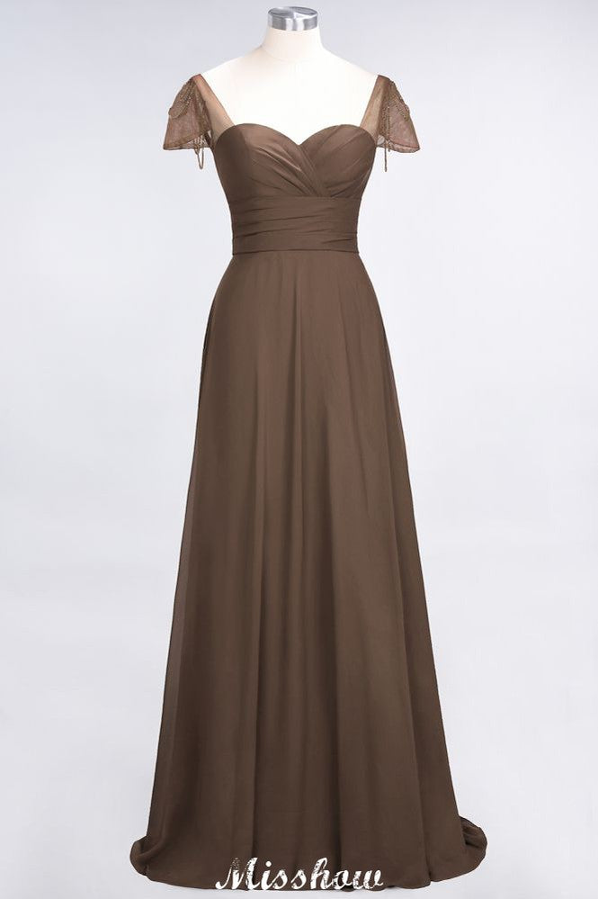 Vestido de dama de honor con escote corazón, mangas cortas, volantes y largo hasta el suelo con abalorios, Moher si los vestidos de novia