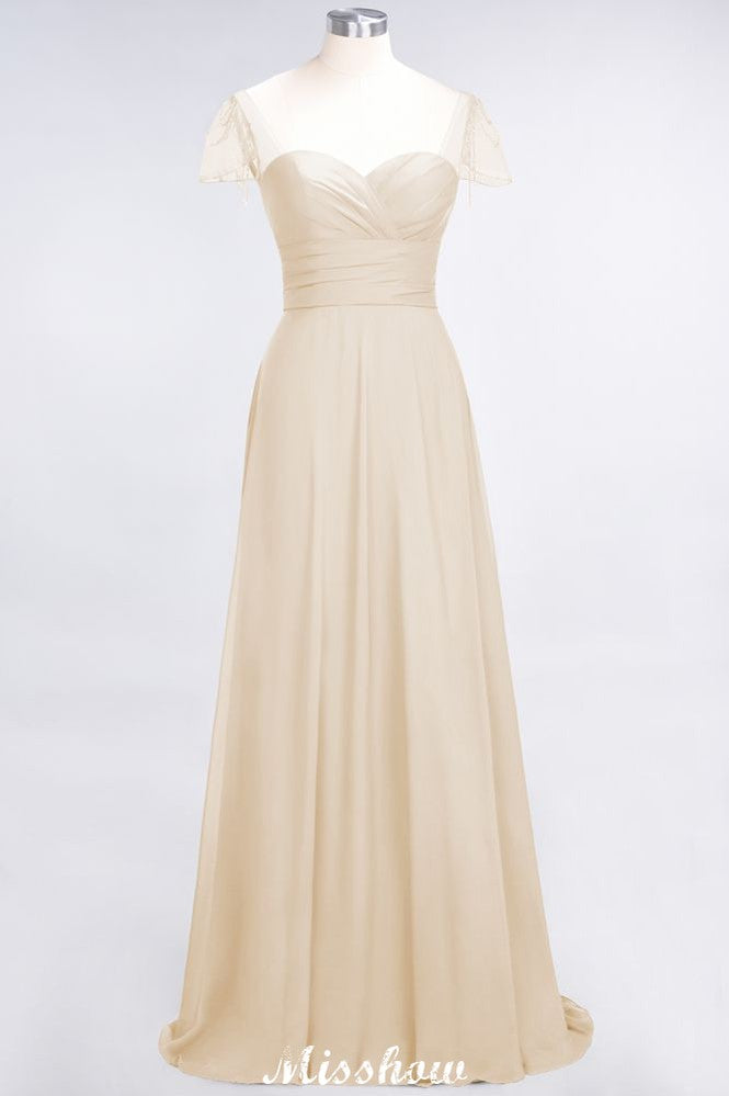 Sweetheart Cap-Sleeves Ruffle Floor-Length Bridesmaid Dress with Beadings Moher if the Bride Dresses