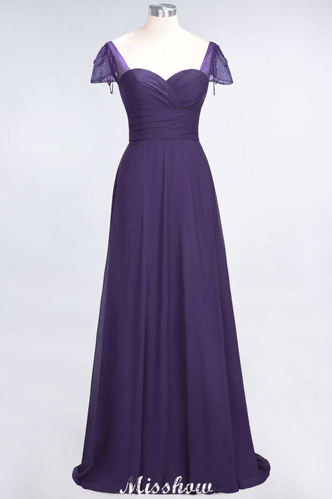 Vestido de dama de honor con escote corazón, mangas cortas, volantes y largo hasta el suelo con abalorios, Moher si los vestidos de novia
