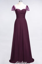 Vestido de dama de honor con escote corazón, mangas cortas, volantes y largo hasta el suelo con abalorios, Moher si los vestidos de novia
