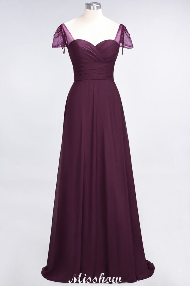 Vestido de dama de honor con escote corazón, mangas cortas, volantes y largo hasta el suelo con abalorios, Moher si los vestidos de novia