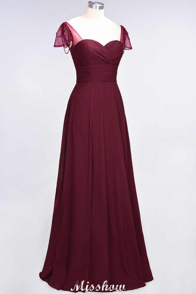 Vestido de dama de honor con escote corazón, mangas cortas, volantes y largo hasta el suelo con abalorios, Moher si los vestidos de novia