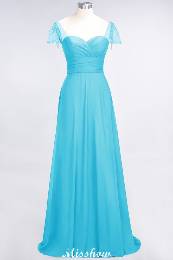 Vestido de dama de honor con escote corazón, mangas cortas, volantes y largo hasta el suelo con abalorios, Moher si los vestidos de novia