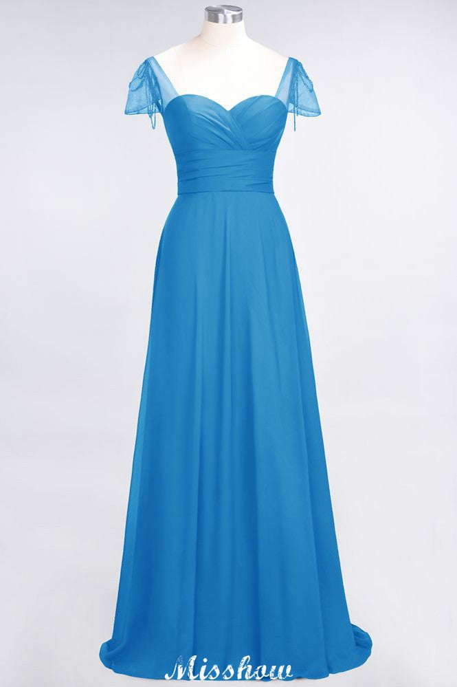 Vestido de dama de honor con escote corazón, mangas cortas, volantes y largo hasta el suelo con abalorios, Moher si los vestidos de novia