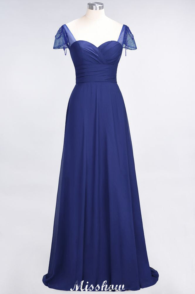 Vestido de dama de honor con escote corazón, mangas cortas, volantes y largo hasta el suelo con abalorios, Moher si los vestidos de novia