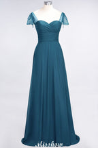 Vestido de dama de honor con escote corazón, mangas cortas, volantes y largo hasta el suelo con abalorios, Moher si los vestidos de novia