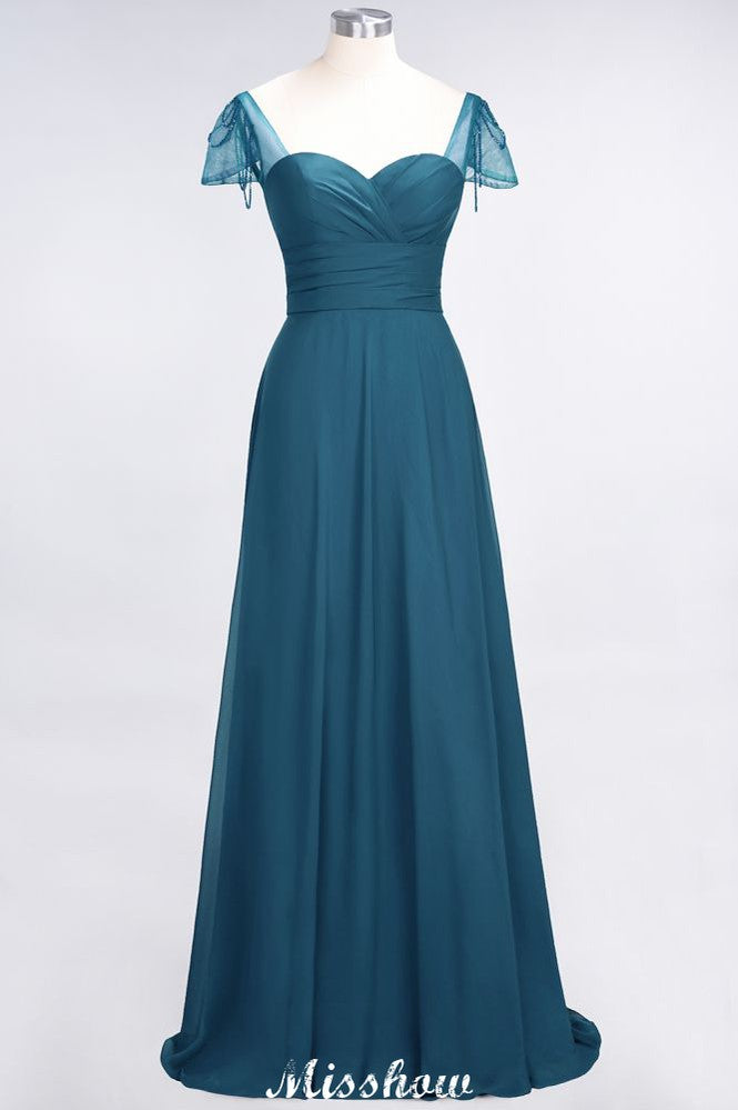 Vestido de dama de honor con escote corazón, mangas cortas, volantes y largo hasta el suelo con abalorios, Moher si los vestidos de novia