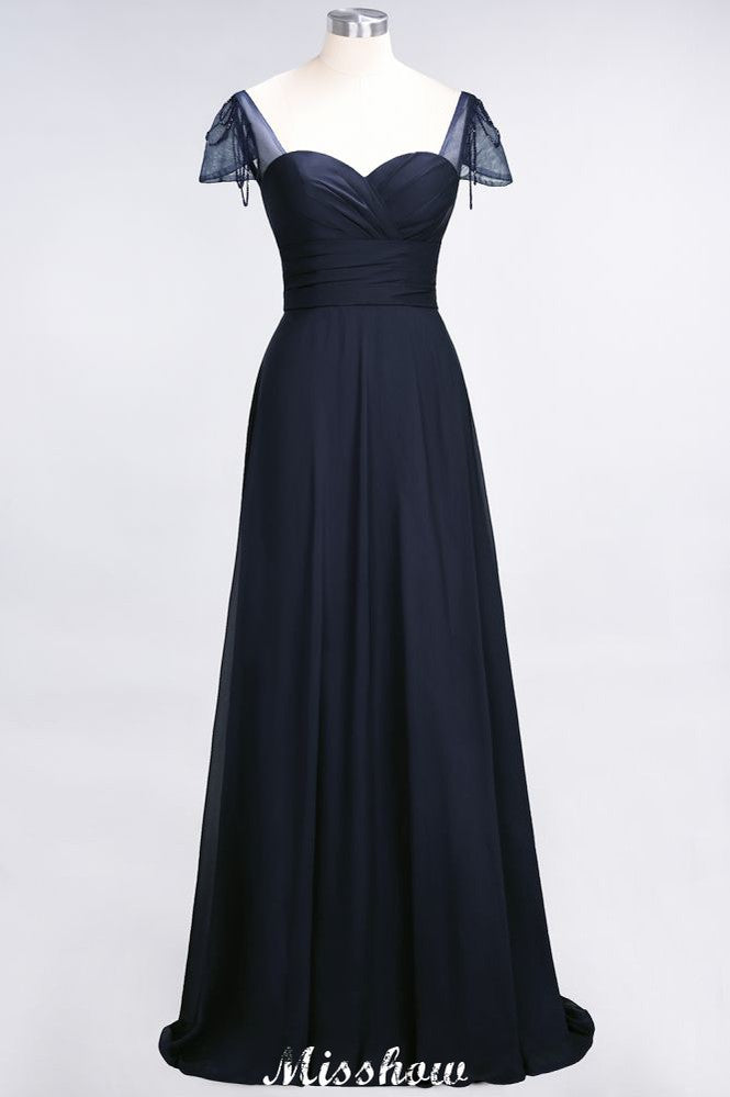 Vestido de dama de honor con escote corazón, mangas cortas, volantes y largo hasta el suelo con abalorios, Moher si los vestidos de novia