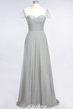 Vestido de dama de honor con escote corazón, mangas cortas, volantes y largo hasta el suelo con abalorios, Moher si los vestidos de novia