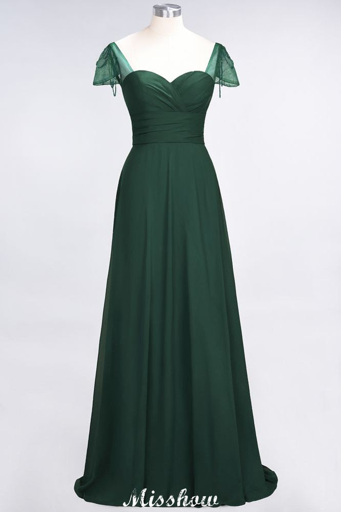 Vestido de dama de honor con escote corazón, mangas cortas, volantes y largo hasta el suelo con abalorios, Moher si los vestidos de novia