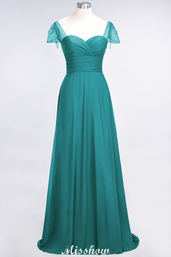 Vestido de dama de honor con escote corazón, mangas cortas, volantes y largo hasta el suelo con abalorios, Moher si los vestidos de novia
