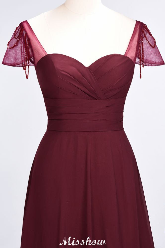 Vestido de dama de honor con escote corazón, mangas cortas, volantes y largo hasta el suelo con abalorios, Moher si los vestidos de novia