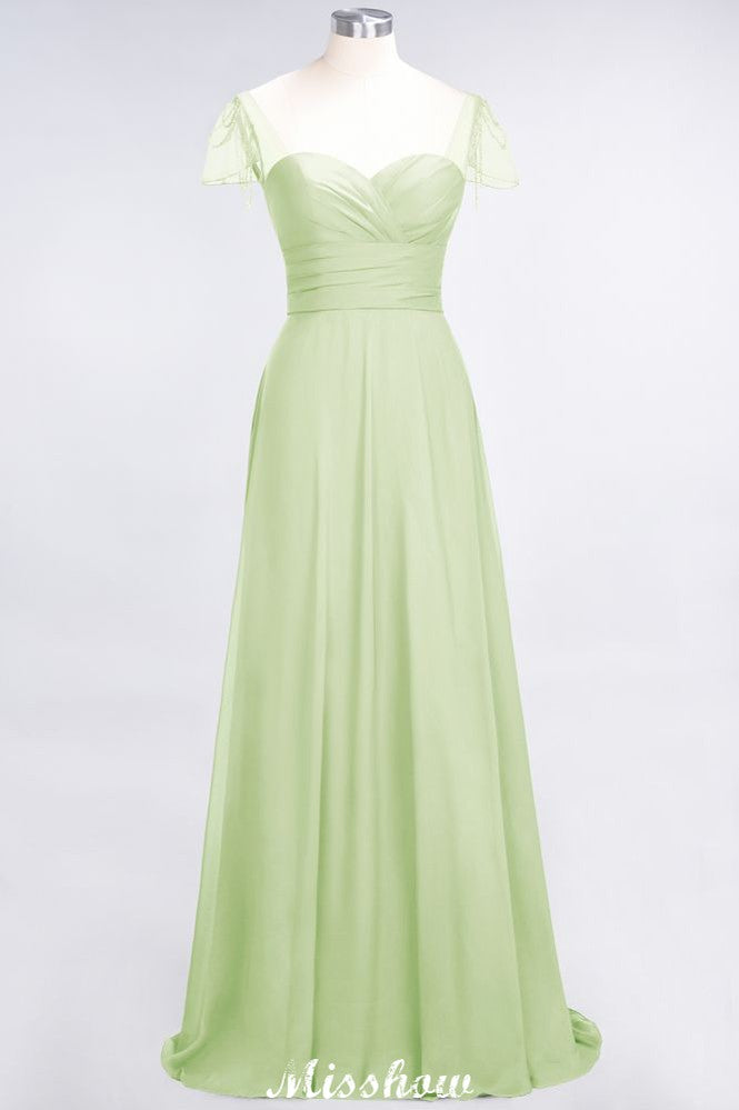 Sweetheart Cap-Sleeves Ruffle Floor-Length Bridesmaid Dress with Beadings Moher if the Bride Dresses