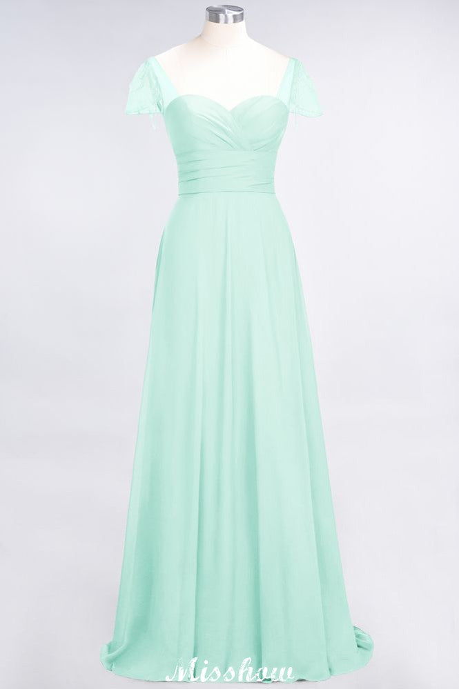 Sweetheart Cap-Sleeves Ruffle Floor-Length Bridesmaid Dress with Beadings Moher if the Bride Dresses