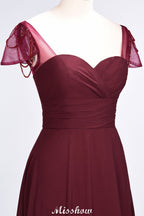 Vestido de dama de honor con escote corazón, mangas cortas, volantes y largo hasta el suelo con abalorios, Moher si los vestidos de novia