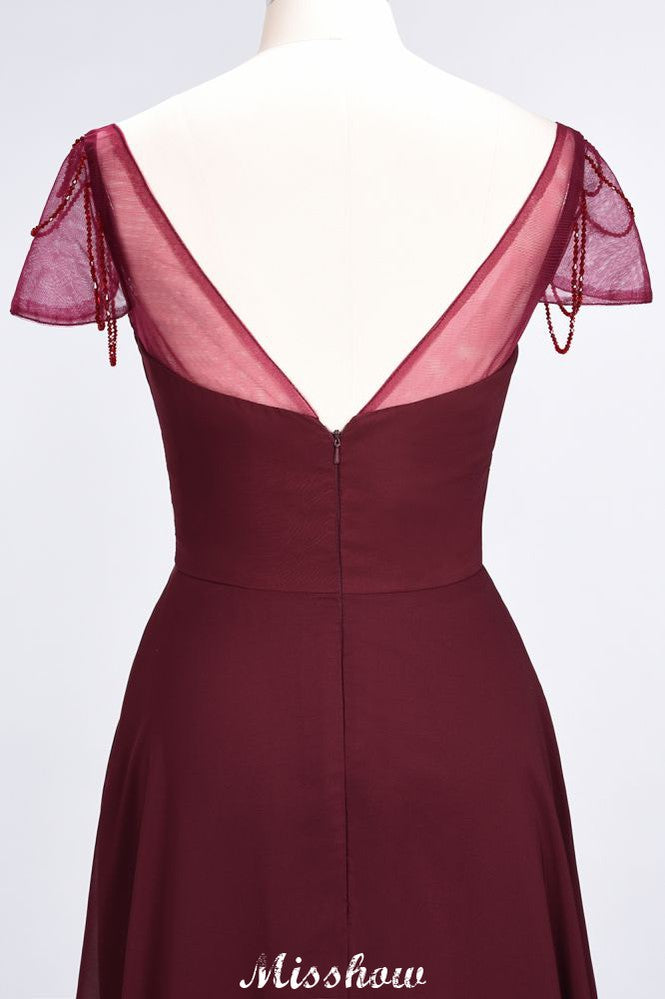 Vestido de dama de honor con escote corazón, mangas cortas, volantes y largo hasta el suelo con abalorios, Moher si los vestidos de novia