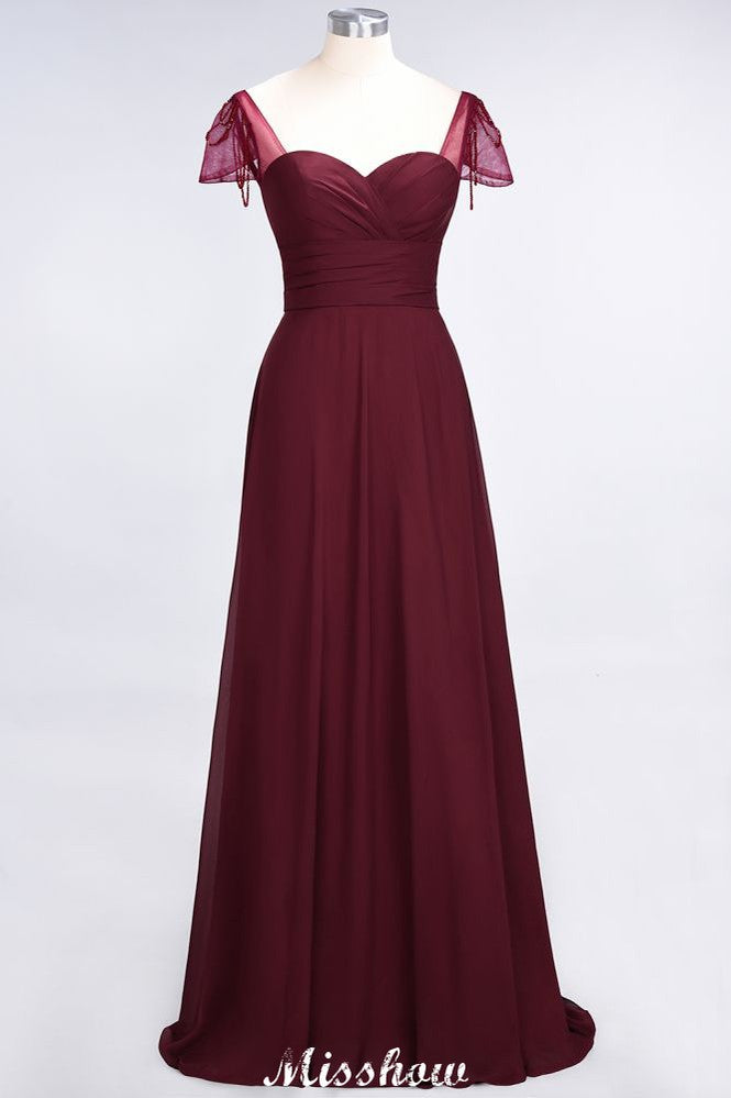 Vestido de dama de honor con escote corazón, mangas cortas, volantes y largo hasta el suelo con abalorios, Moher si los vestidos de novia