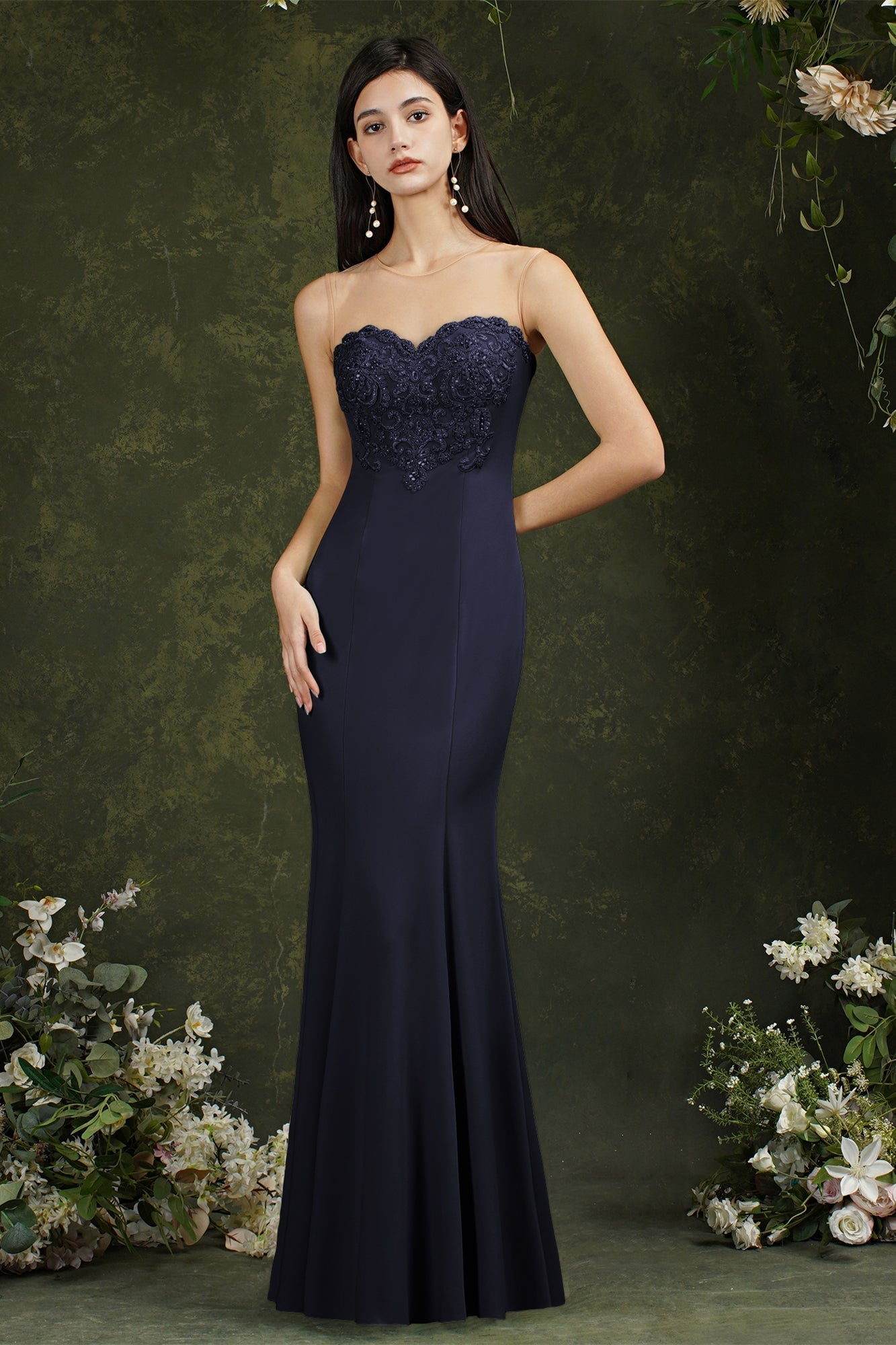 Sweetheart Floral Lace Tulle Mermaid Long Prom dress