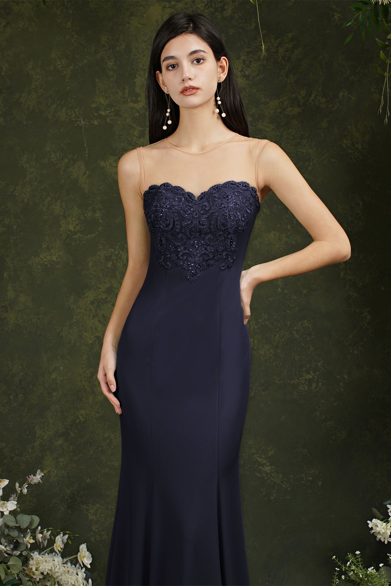 Sweetheart Floral Lace Tulle Mermaid Long Prom dress