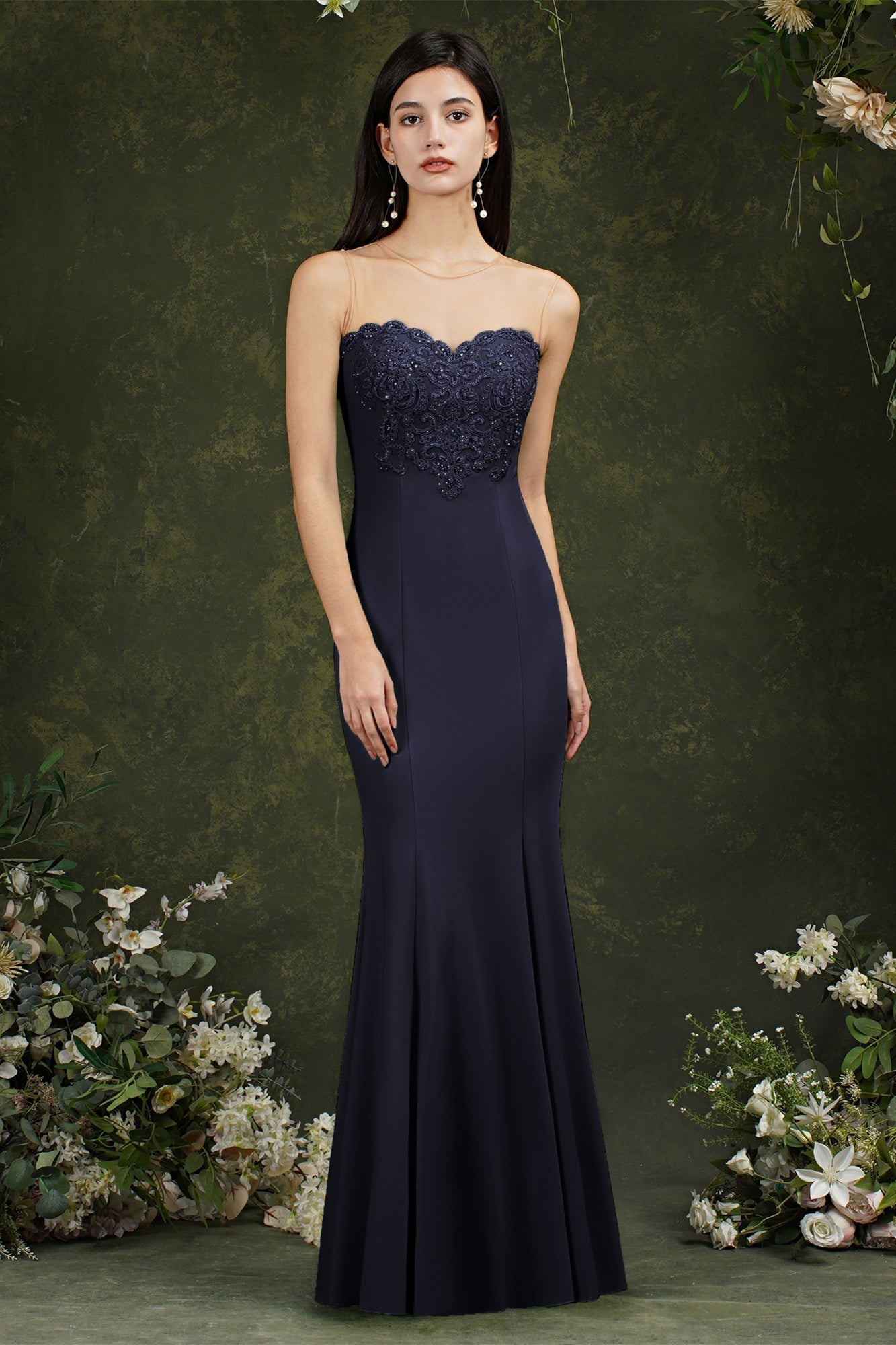 Sweetheart Floral Lace Tulle Mermaid Long Prom dress