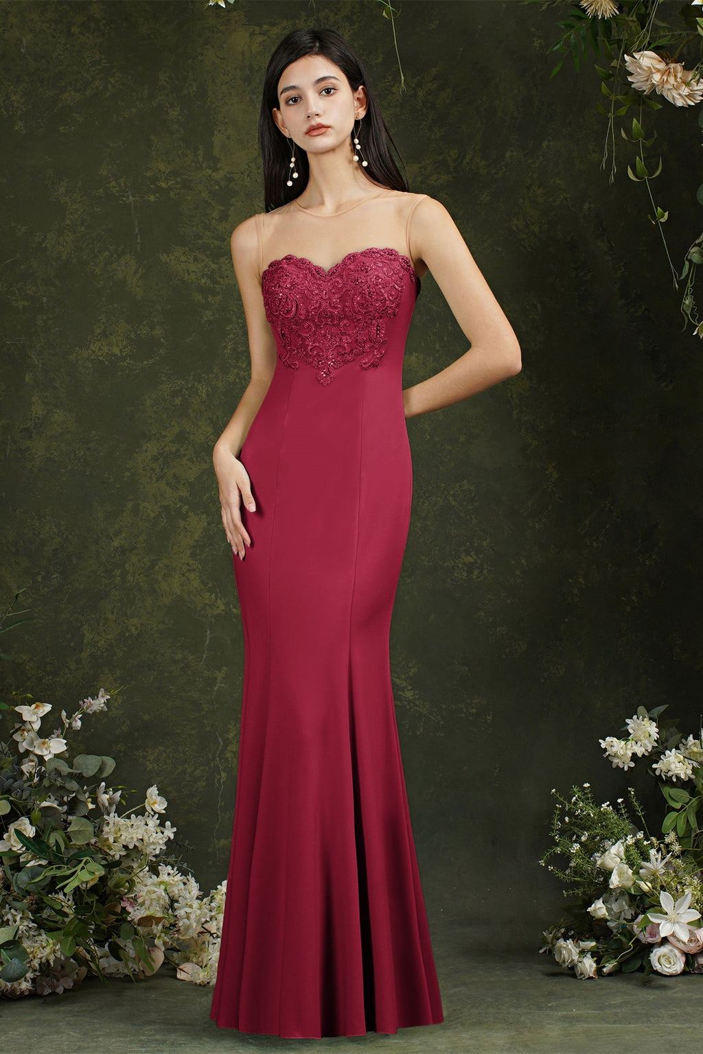 Langes Ballkleid im Meerjungfrau-Stil mit Herzausschnitt und Blumenspitze