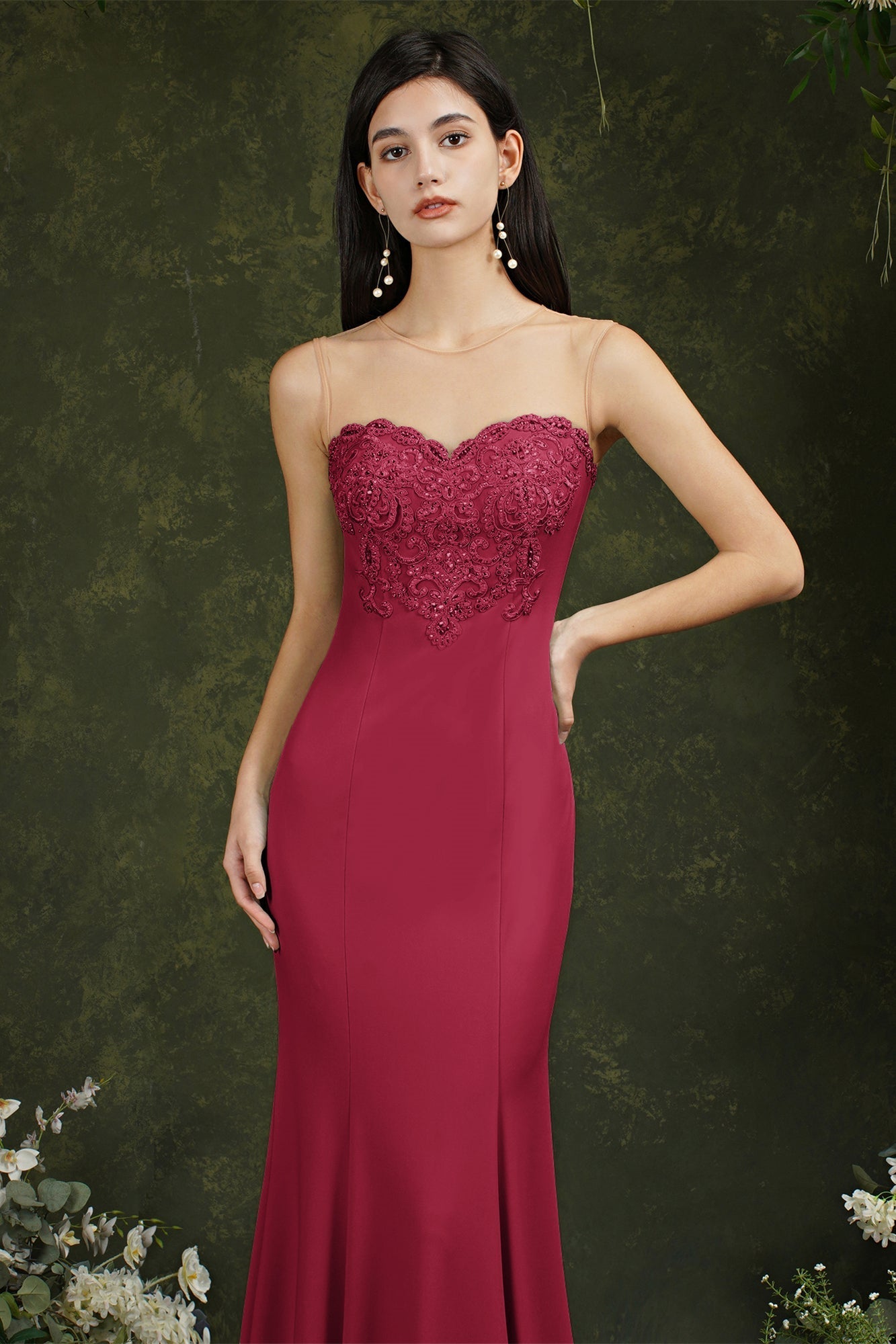 Langes Ballkleid im Meerjungfrau-Stil mit Herzausschnitt und Blumenspitze