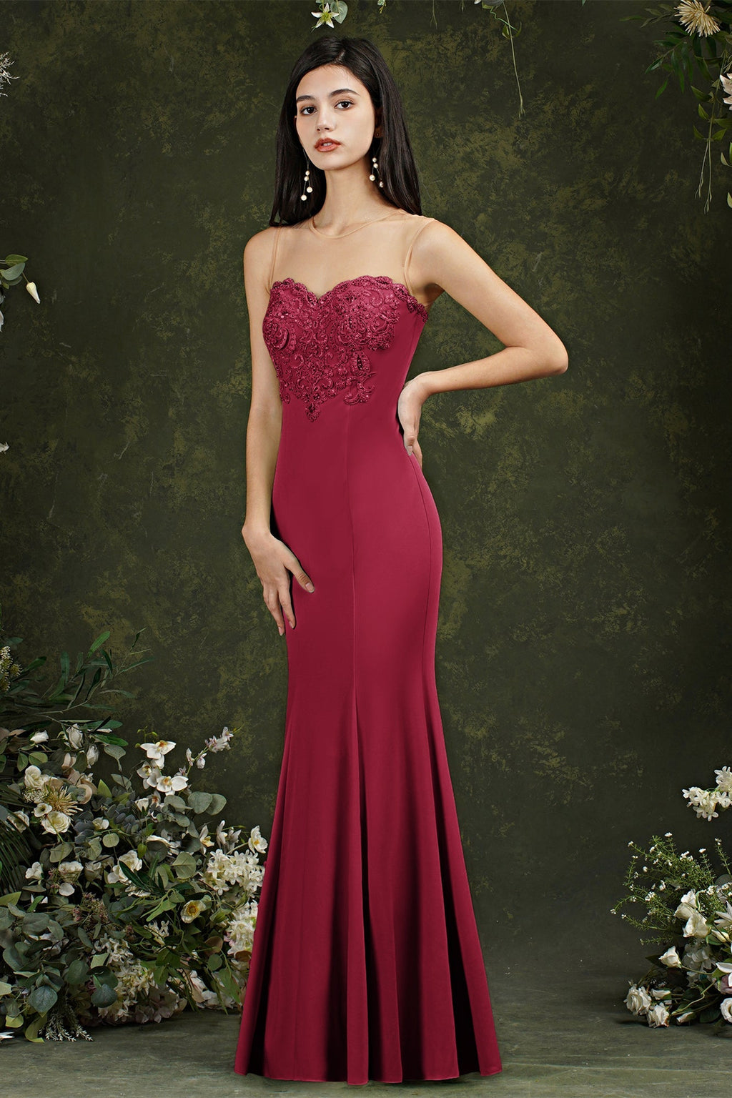 Langes Ballkleid im Meerjungfrau-Stil mit Herzausschnitt und Blumenspitze
