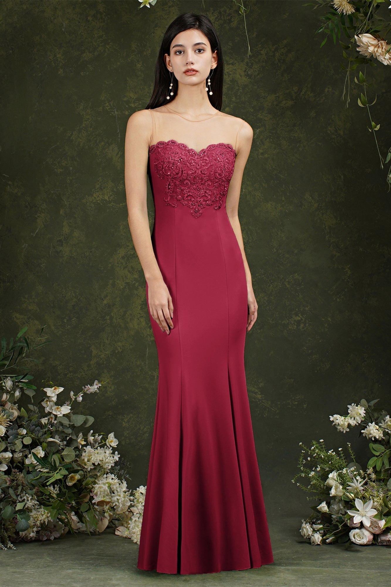 Langes Ballkleid im Meerjungfrau-Stil mit Herzausschnitt und Blumenspitze