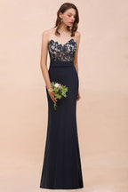 Vestido de dama de honor azul marino sin mangas con escote corazón y estampado floral de sirena