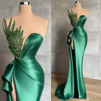 Sweetheart Green Long Mermaid Shiny Sleeveless Prom Dress With Beads