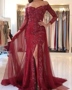 Herzausschnitt, Spitzenapplikationen, Schlitz vorne, neuestes langärmeliges Meerjungfrau-Ballkleid