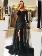 Herzausschnitt, Spitzenapplikationen, Schlitz vorne, neuestes langärmeliges Meerjungfrau-Ballkleid