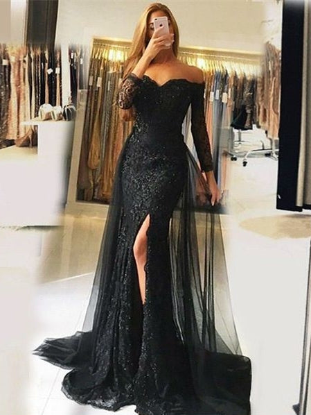 Herzausschnitt, Spitzenapplikationen, Schlitz vorne, neuestes langärmeliges Meerjungfrau-Ballkleid
