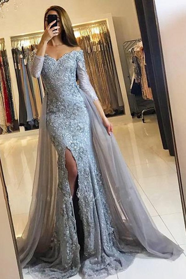 Herzausschnitt, Spitzenapplikationen, Schlitz vorne, neuestes langärmeliges Meerjungfrau-Ballkleid