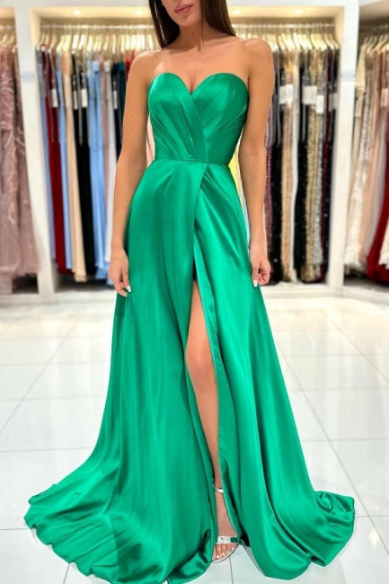 Vestido de noche largo verde de corte A sin mangas con escote en forma de corazón y abertura lateral