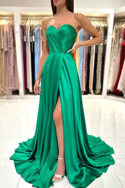Vestido de noche largo verde de corte A sin mangas con escote en forma de corazón y abertura lateral