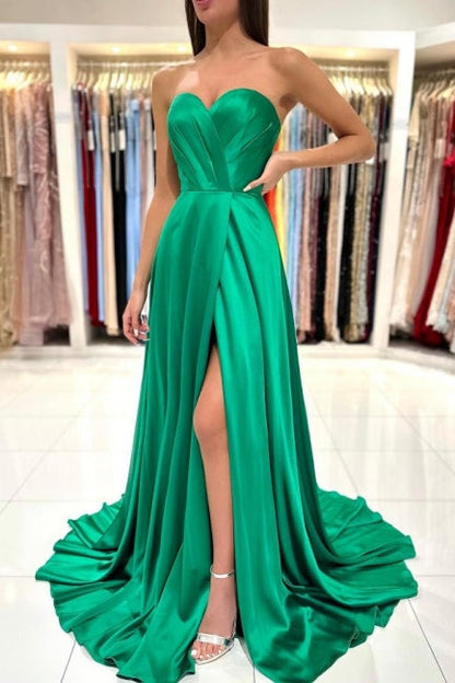 Sweetheart Long Green A-line Sleeveless Evening Dress With Side Slit
