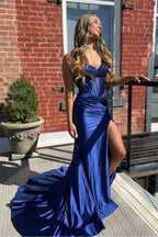 Violette | Vestidos de fiesta largos de satén azul real con escote sirena y abertura