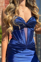 Violette | Vestidos de fiesta largos de satén azul real con escote sirena y abertura