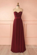 Vestido de dama de honor largo de gasa color burdeos con escote corazón PG422
