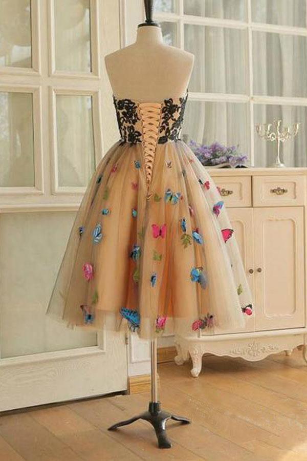 Vestidos de fiesta cortos con escote corazón y corte A, con mariposas, PD409